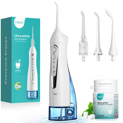 COSLUS Water Flosser Pick with 30pcs Whitening Mint Flavor Refill Combo for Teeth, Braces, Gums Care - Easy to Use, Portable for Coffee Lovers & Travel, Rechargeable, BPA-Free, Black, W40(F5020E)