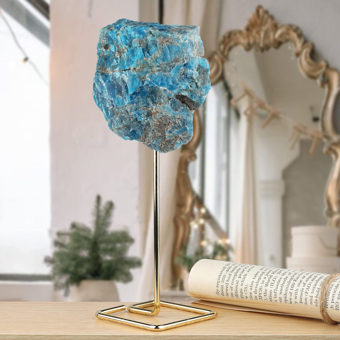 mookaitedecor Natural Blue Apatite Raw Rough Stone with Stainless Stand, Gemstone Specimen Healing Crystal Stone Display for Office Home Decor 6.7"-7.8" Tall