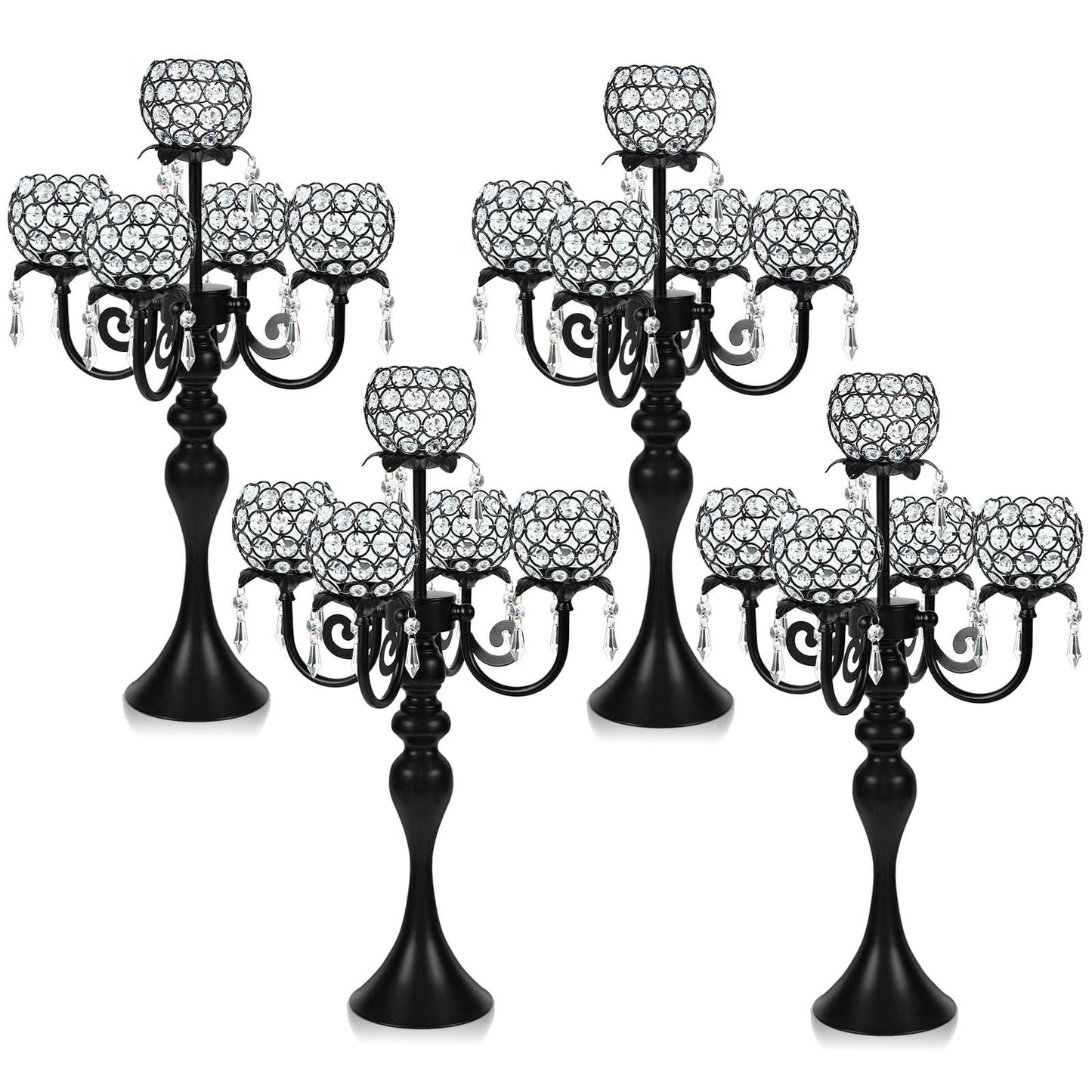 5 Arm Elegant Crystal Candle Holder,Candlestick for Wedding Table Centerpiece, 22 Inch Tall Candle Holder Table Candelabra Event Party Table Centerpiece,Home Decoration. (4, Black, Round Crystal)