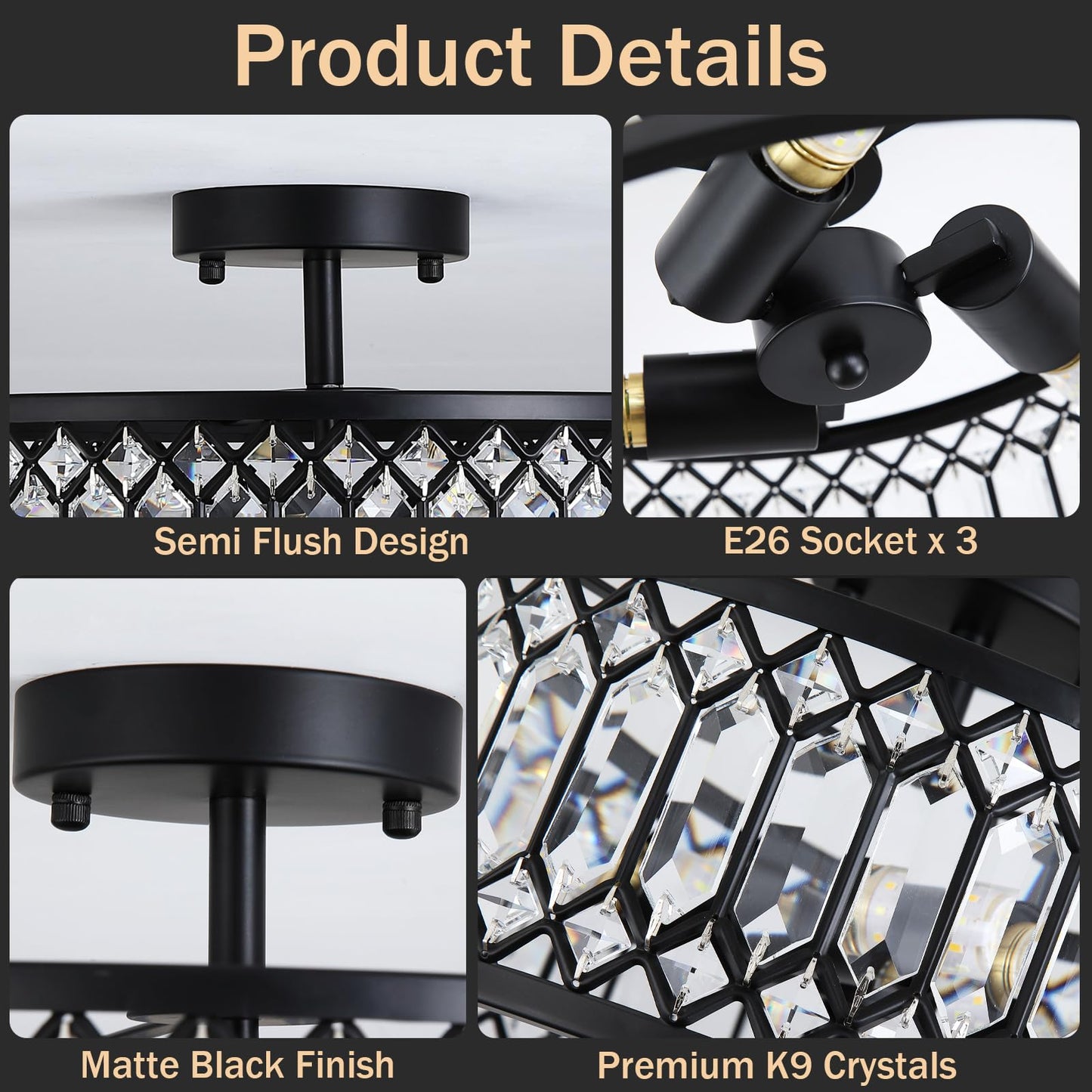 16" Black Crystal Ceiling Light, 3-Light Modern Semi Flush Mount Ceiling Light Fixture, Round Crystal Chandelier for Dining Room Bedroom Living Room Kitchen Hallway, E26 Sockets