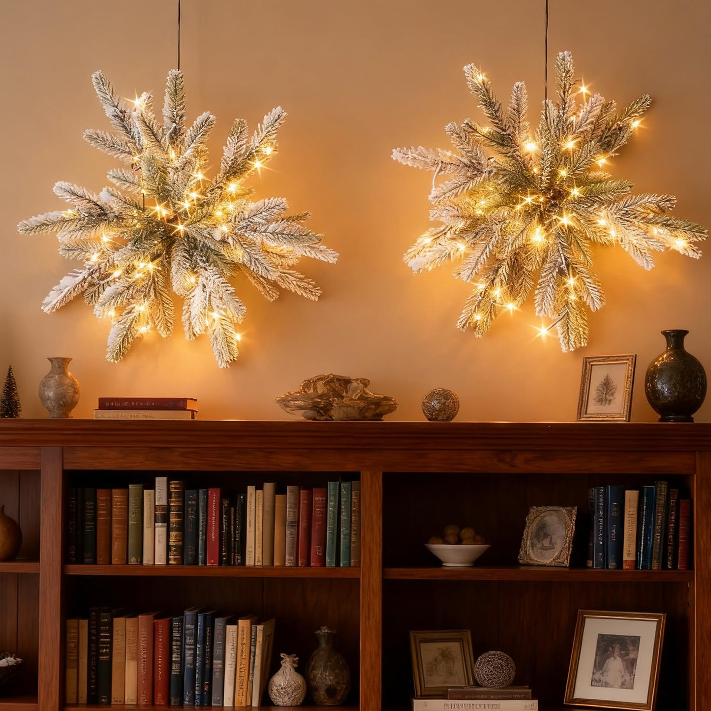 Hairui Snow Dusted Pine Snowflake Lights with Timer Battery Operated and USB Plug in 60 LED Fairy Lights 16IN for Window Christmas Decoration