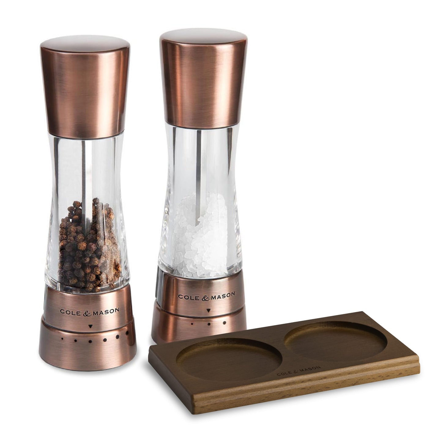 Cole & Mason Derwent Salt & Pepper Mill Gift Set - Refillable Seasoning and Spice Tools - Adjustable Grinder Settings - Copper With Salt and Pepper Tray