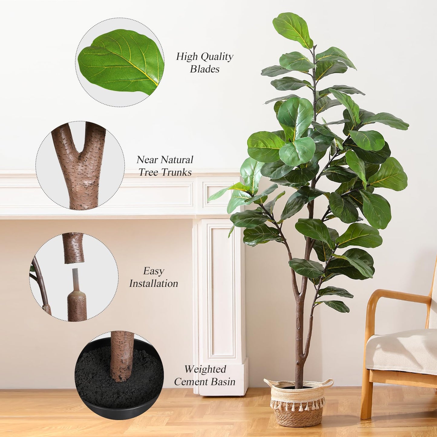 Artificial Fiddle Leaf Fig Tree 6ft, Large Faux Plant Fake Ficus lyrata Silk Trees with Pot for Indoor Outdoor House Living Room Office Home Decor