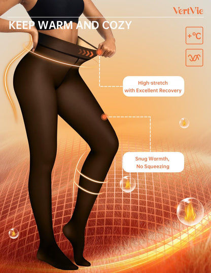 Vertvie Fleece Lined Tights Women Crotch One Seam Line Warm Sheer Pantyhose Fake Translucent Thermal Thick Tights Leggings