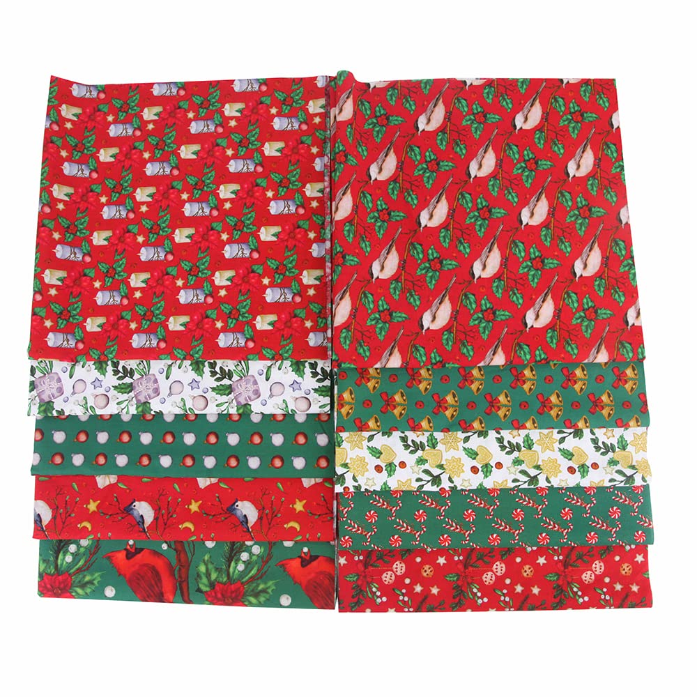 10PCS Christmas Cotton Fabric Bundles - 10" x 10" Printed Pre-Cut Squares for Patchwork Sewing, DIY Crafting & Quilting