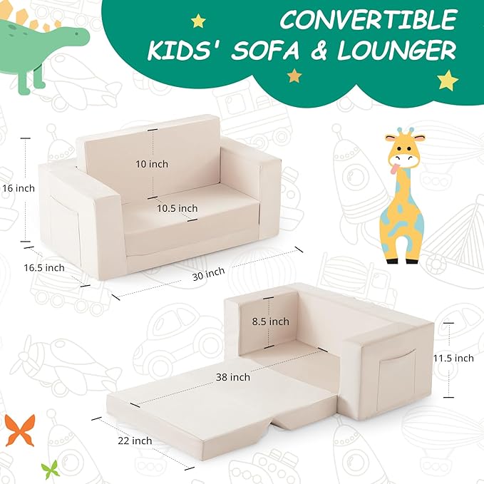 Kids Couch, 2-in-1 Toddler Chair Comfy 1-3 Years, Convertible Kids Chair