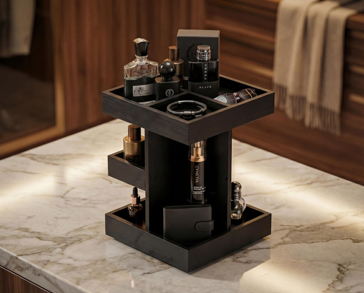 Aurenzo Cologne Organizer for Men, 3 Tier Black Wood Perfume Display Stand with 360° Rotate Base, Mens Cologne and Jewelry Organizer Shelf for Bathroom Countertop Storage & Nightstand, Gift for Men