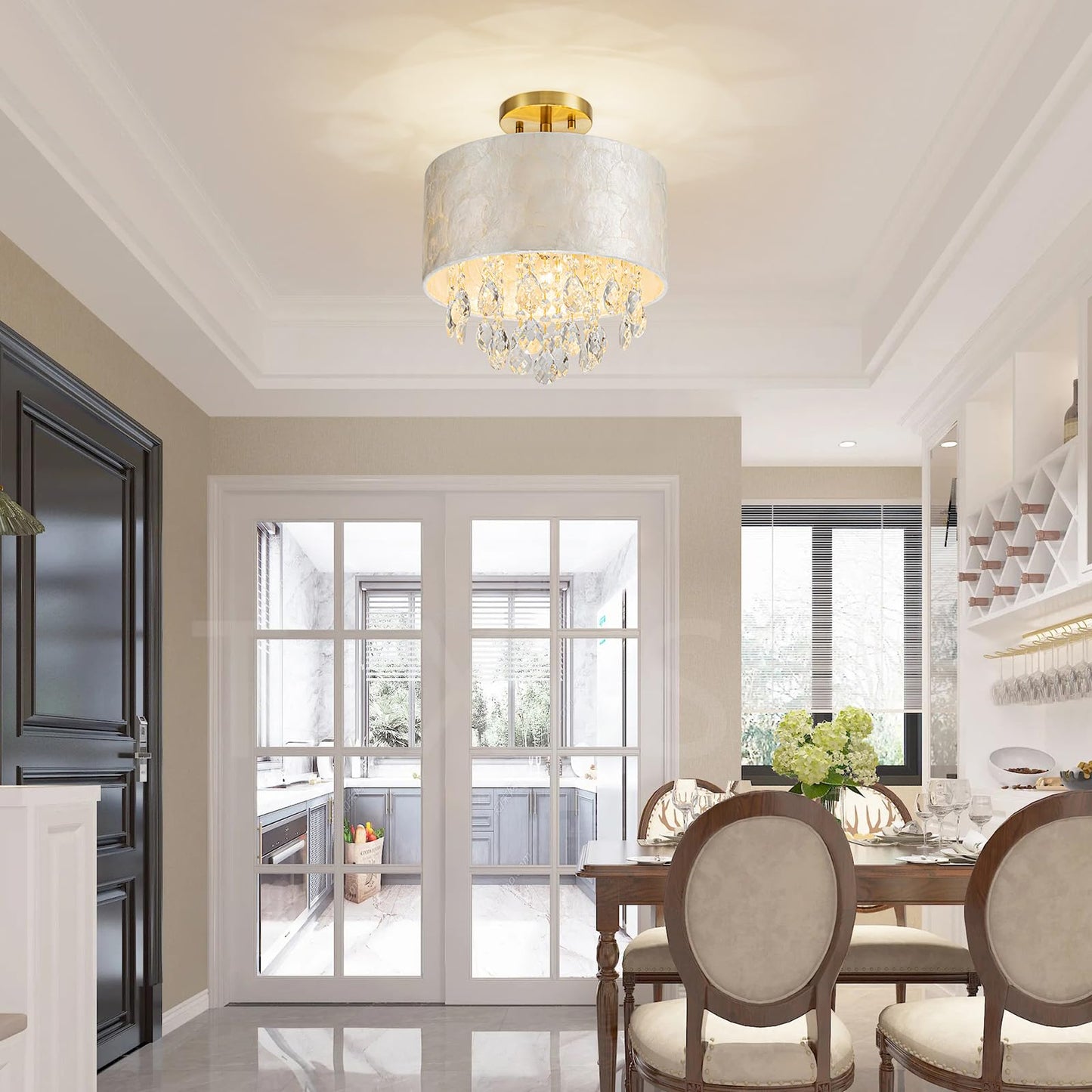 LumFurn D12in Drum Capiz Shell Crystal Ceiling Light, 3-Light Coastal Style Semi-Flushmount Light Fixture for Hallway, Entryway & Bedroom, K9 Crystal & Shell Lampshade & Gold Finish Frame
