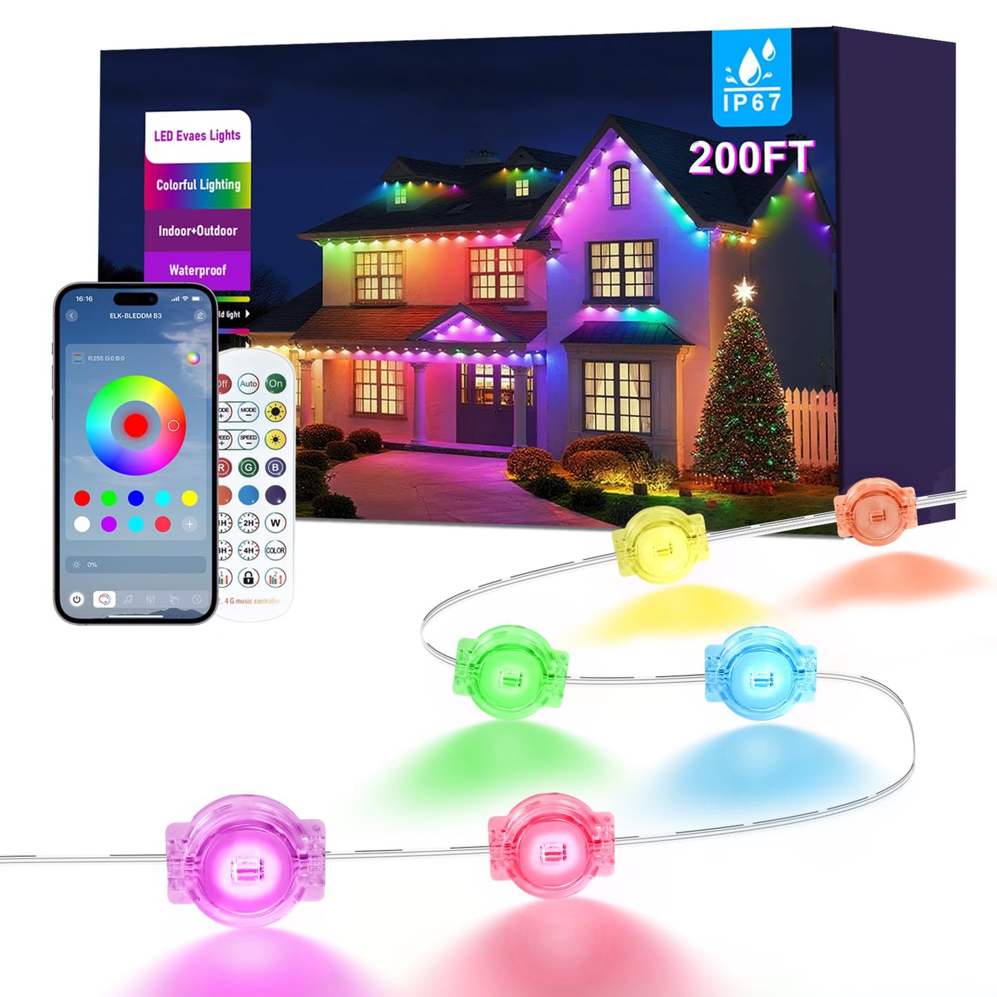 200FT Permanent Outdoor Lights for House, Smart RGB LED Outside Eaves Lights House Decor with APP Remote Control, IP67 Waterproof Outdoor Lighting for Holiday, Roof, Party, Daily, Halloween, Christmas