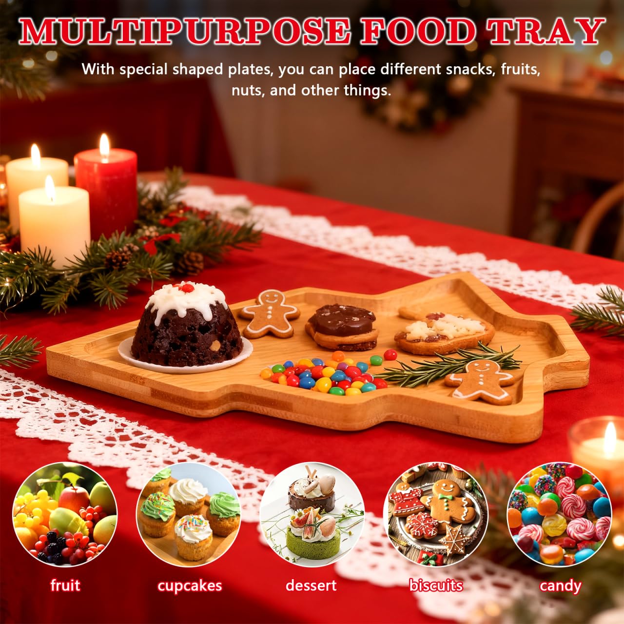 Ipetboom Christmas Tree Shaped Serving Tray - Bamboo Dining Cartoon Salad Plate Holiday Serveware for Sushi Appetizers Salads Snacks Decorative Dinner Platter for Parties Weddings and Outdoor Events