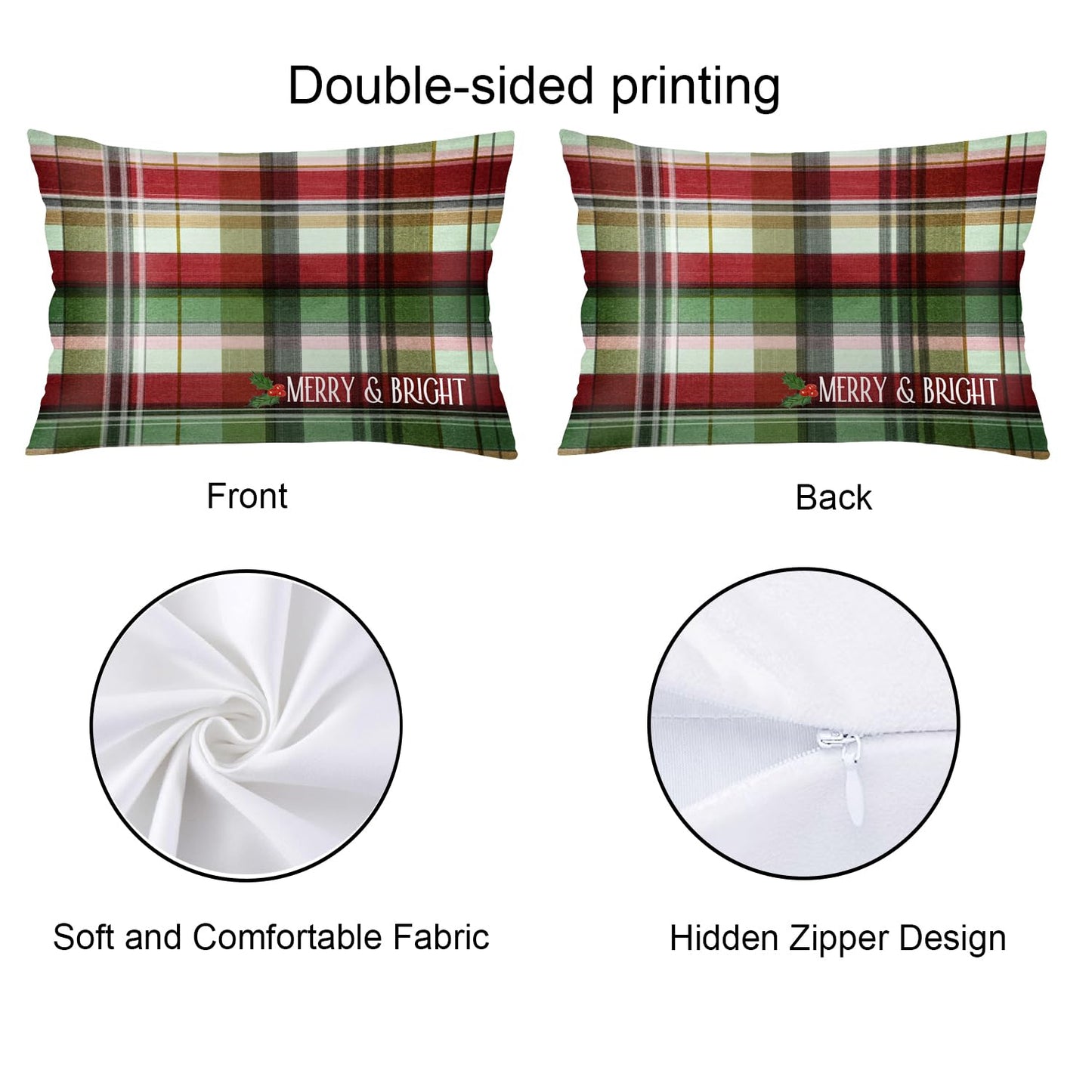 Easternproject Merry & Bright Christmas Buffalo Plaid Checkered Standard Pillowcases 20x26 Inch Double Sided Red Green Scottish Tartan Pillow Case Xmas Holly Berry Sleeping Throw Pillow Covers for Bed