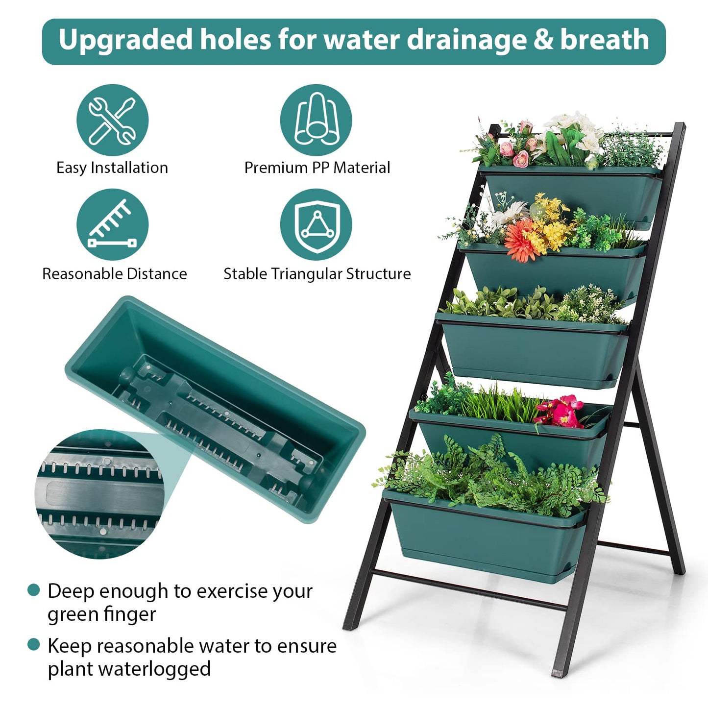 Giantex Set of 2 Vertical Planter Raised Bed, Elevated Garden Beds with Water Drainage Hole, Freestanding 5 Container Boxes for Herb Vegetables Flowers Growing, Outdoor Indoor Patio Balcony