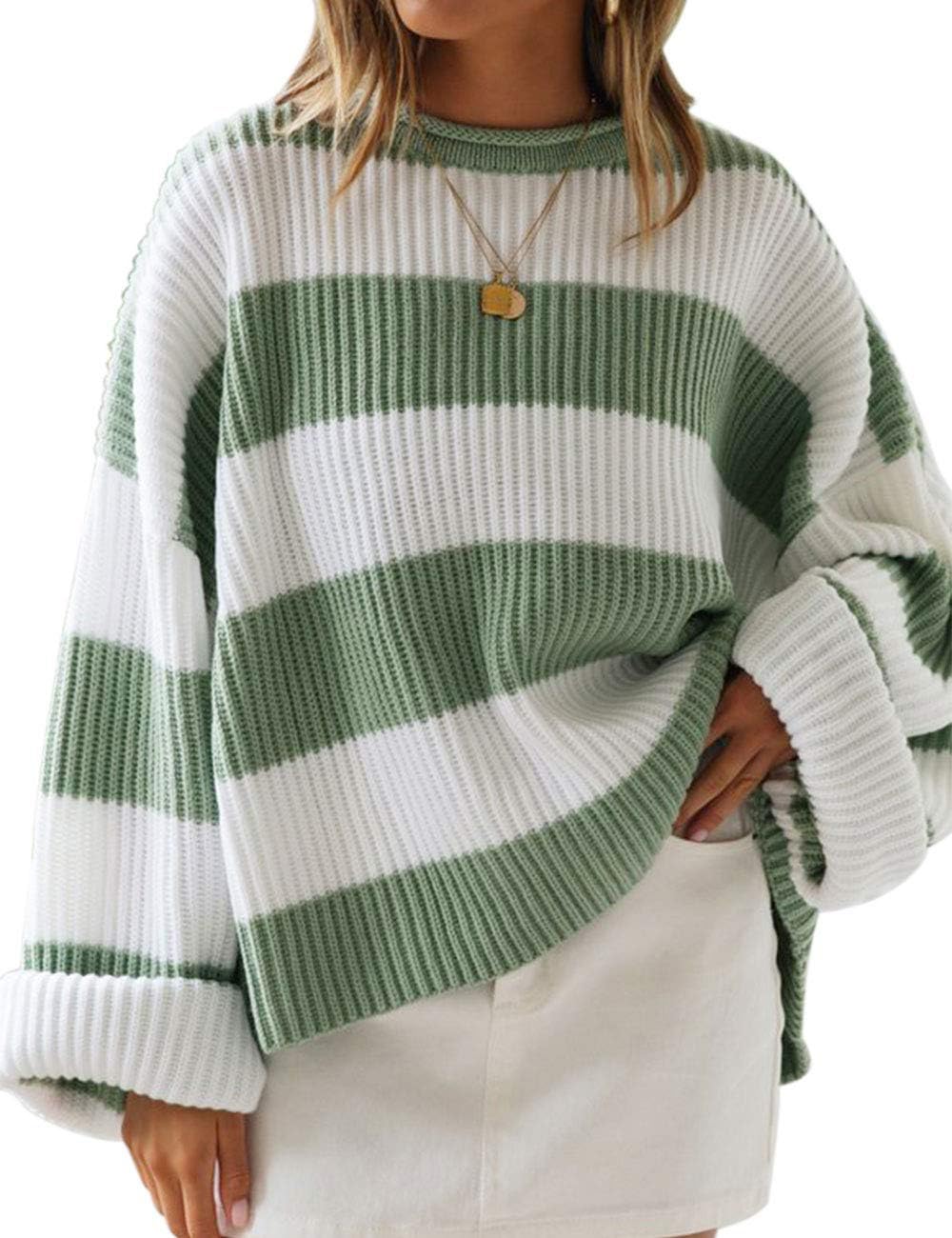 ZESICA Women's 2025 Fall Long Sleeve Oversized Striped Color Block Comfy Loose Crew Neck Knitted Pullover Sweater