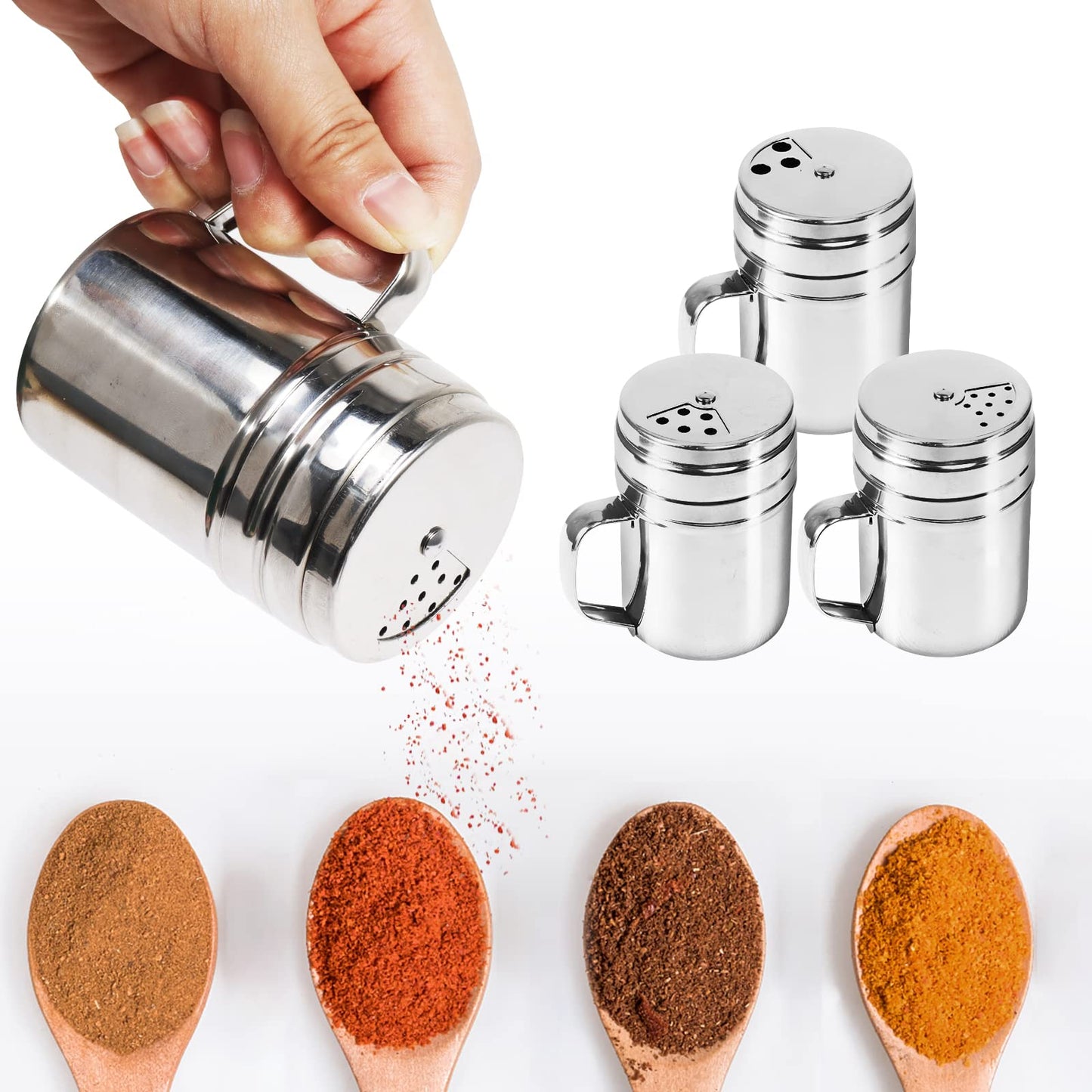 3Pcs Seasoning Bottle with Handle Stainless Steel Dredge Shaker Rub Spice with Holes Powdered Sugar Shaker with Lid Shaker Cooking Rotatable Cover for Spice Salt Shaker Dispenser