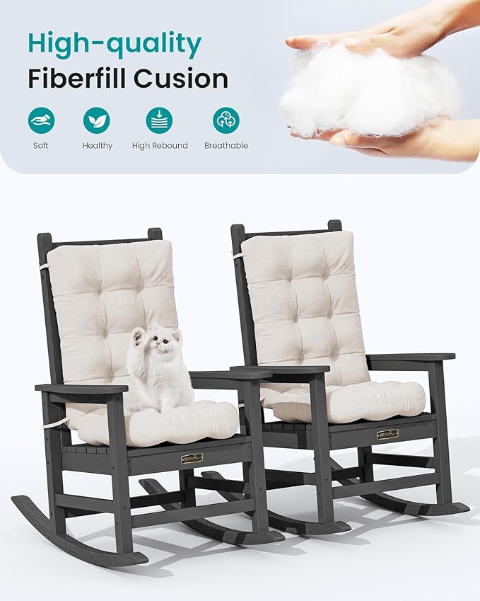 SERWALL HDPE Outdoor Rocking Chair Cushion Set of 4, Memory Foam Cushion Beige