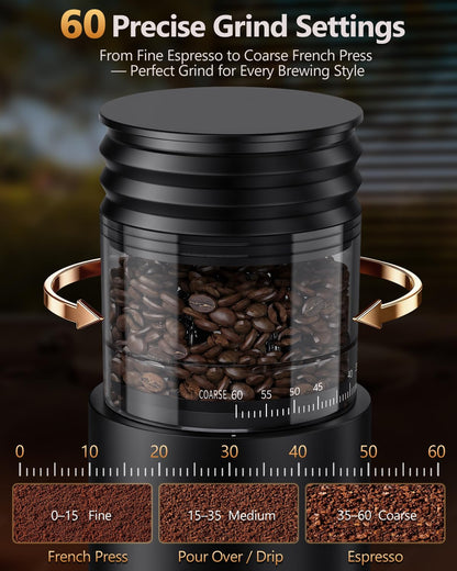 COOL KNIGHT Rechargeable Conical Burr Coffee Grinder, 60 Grind Settings & 5–98 Level Timer, Espresso Grinder with Bellows Hopper and Portafilter Holder, Easy to Clean