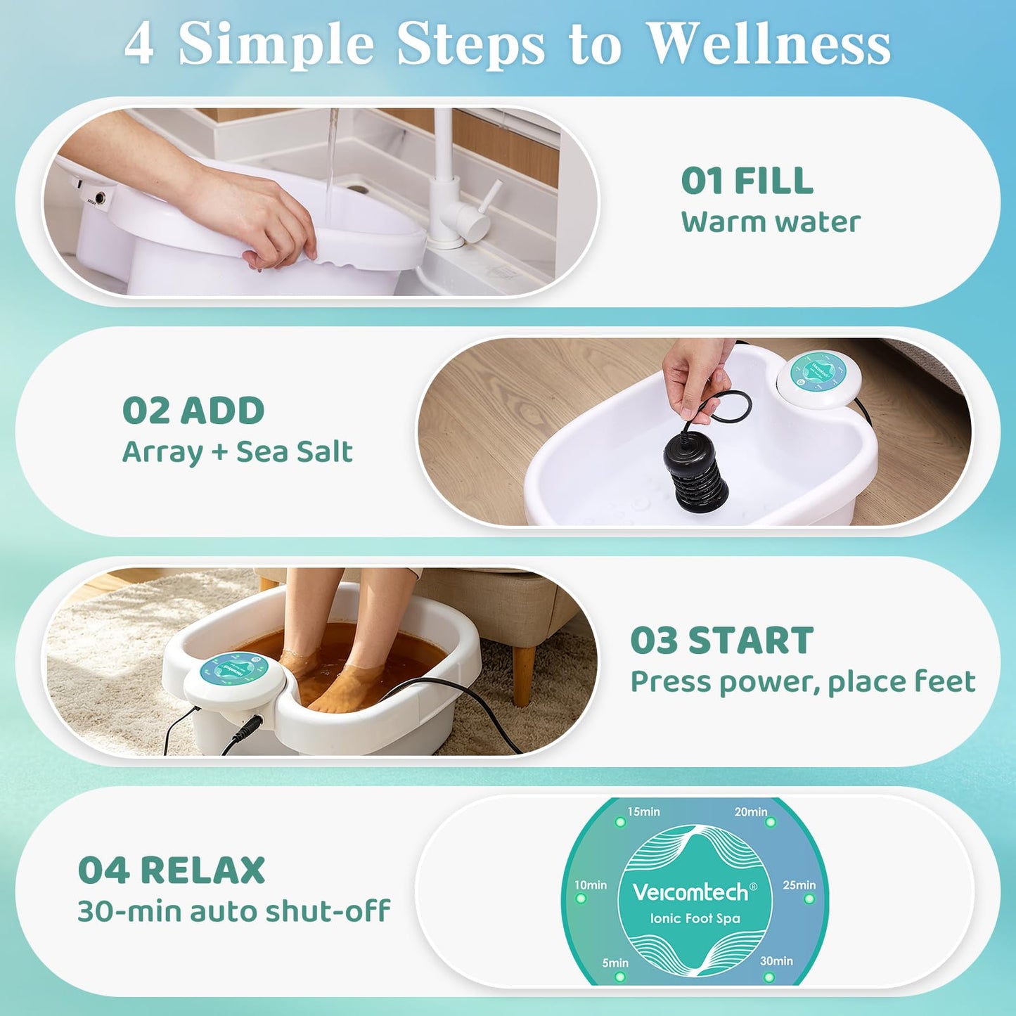 veicomtech Ionic Foot Bath Detox Machine, Detox Foot Bath with Sea Salt and Citric Acid Descaler, Ionic Foot Spa with 2 Arrays and 10 Tub Liners, Foot Detox Machine for Home Use & Salon