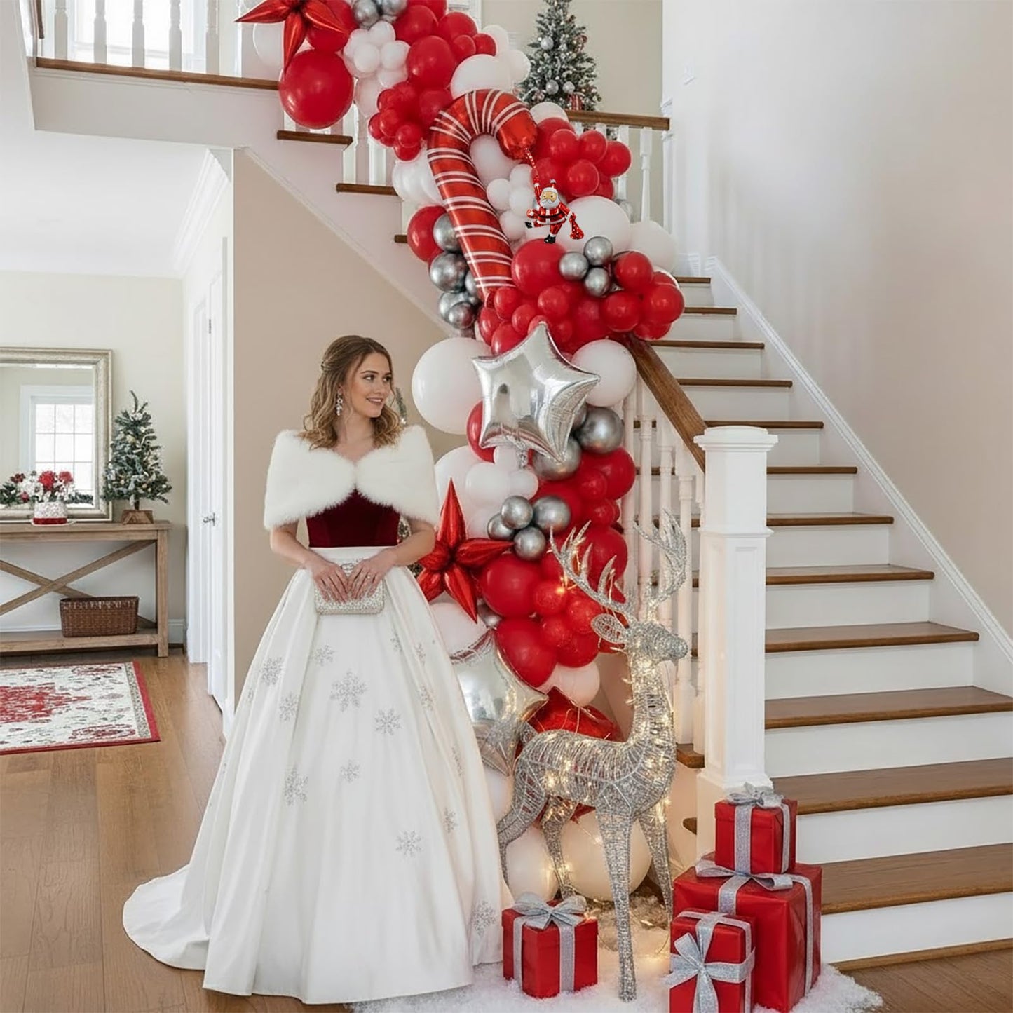 Red Christmas Party Decorations with Balloon Garland Arch Kit & Red White Silver Cane Candy Explosion Star Foil Balloons for Winter Xmas New Year eve Birthday Decorations