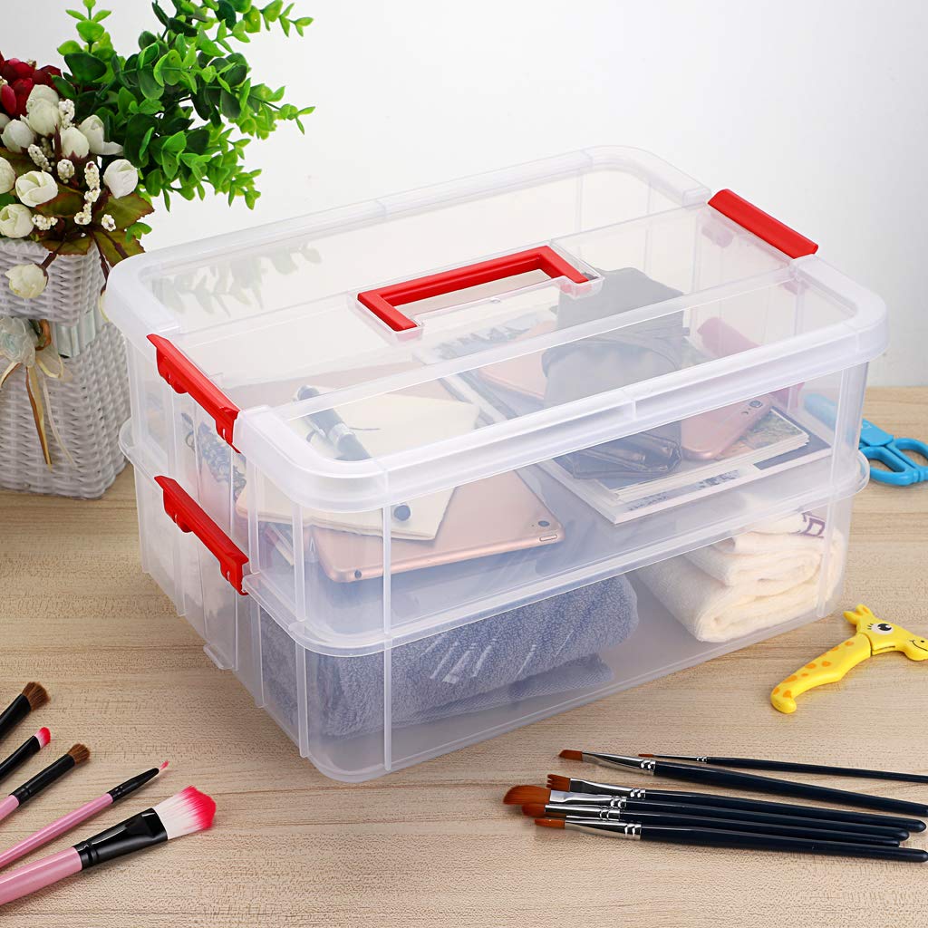 JUXYES 2-Tiers Stack Carry Storage Box With Handle, Transparent Stackable Storage Bin With Handle Lid Latching Storage Container for School & Office Supplies (Red)