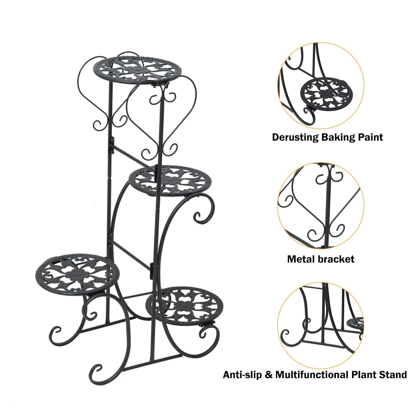 GXFCHYL Metal Plant Stand Indoor & Outdoor Wrought Iron Plant Stands Flower Pot Holder Shelf for Multi Plants, Flower Holder Racks for Patio Garden, Living Room, Corner Balcony (4 Tier)