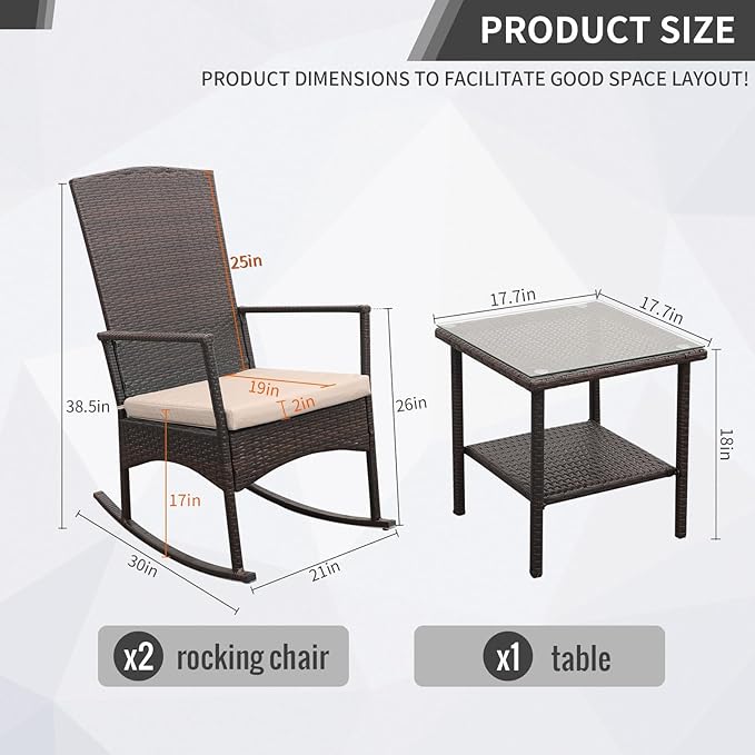 Outdoor Rocking Chair 3 Pieces High-Backed Rocking Chair Patio Rocking Chairs Outdoor Table, Khaki