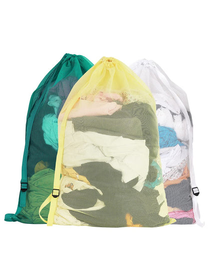 Mesh Laundry Bags with Adjustable Shoulder Strap, 24" x 36" Heavy Duty Nylon, Drawstring Closure, 3-Pack, Mixed Colors