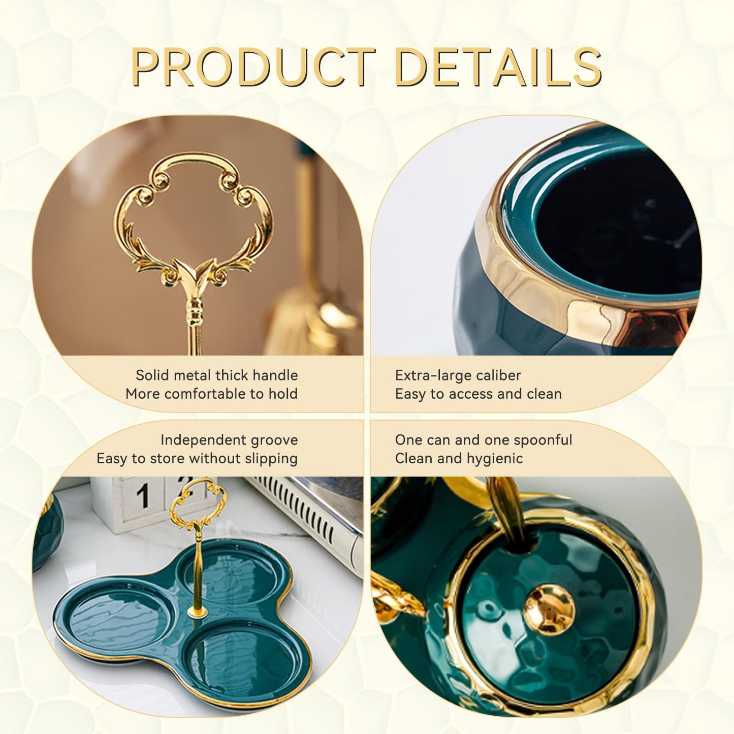 YMYL Set of 3 Porcelain Condiment Pot Sugar Bowl with Lid, Spoon and Tray, Modern Ceramic Seasoning Jars Salt Container for Home Kitchen, Restaurant, Coffee Bar (Green)