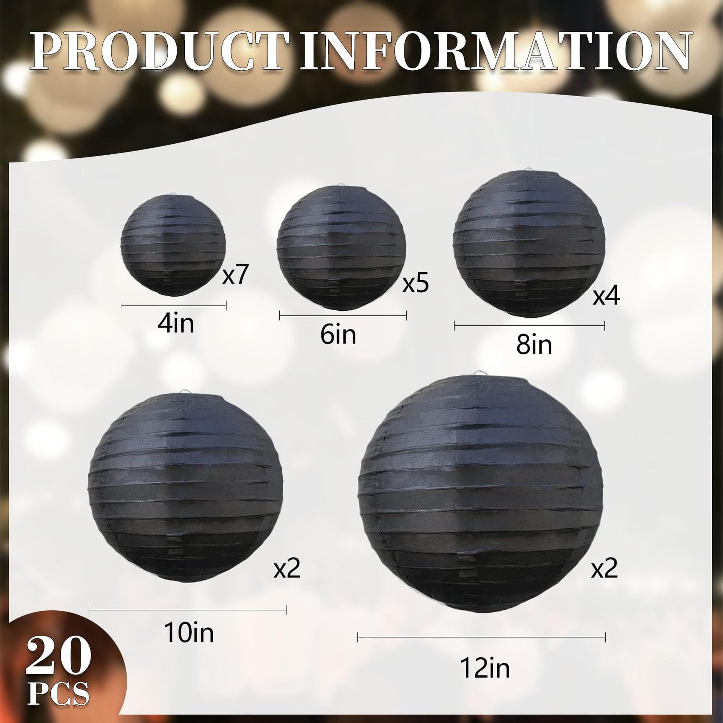 20Pcs Black Paper Lanterns for Parties, 6” 8” 10” 12” Chinese Asian Hanging Round Paper Lanterns for Birthday Wedding Halloween Christmas Home Decor Party Decor