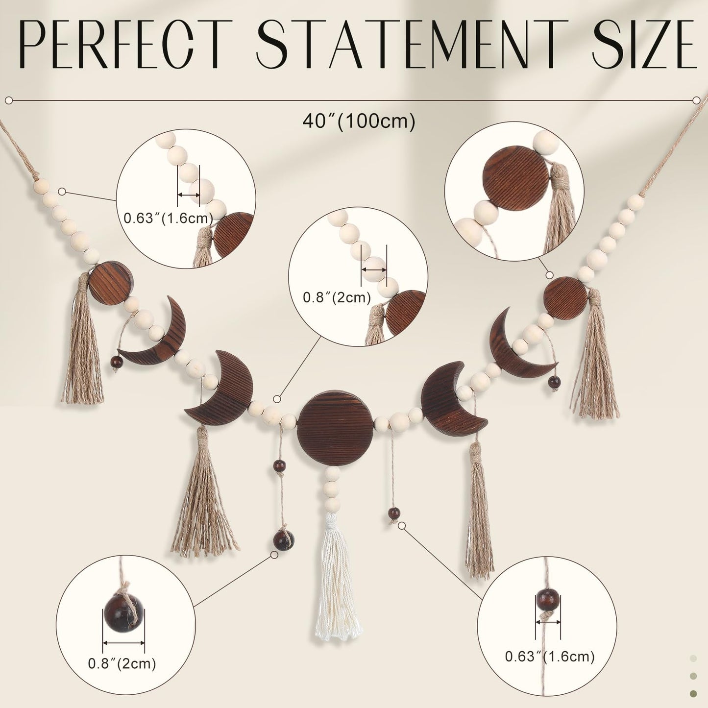 Leinuosen Moon Phase Wall Hanging Wood Beaded with Tassel Boho Wall Art Decor Astrology Aesthetic Moon Garland Celestial Decor for Living Room Bedroom Dorm Apartment(Horizontal)