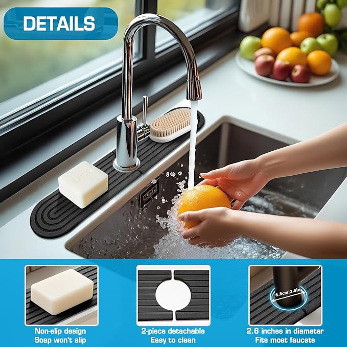 Diatomite Dark Gray-Oval 15.7" Kitchen Faucet Mat Stone Sink Tray – Quick