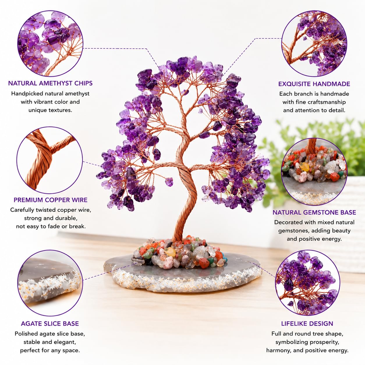 Geodora Amethyst Crystal Tree of Life, Healing Crystal Tree with Real Amethyst Stones, Chakra Tree of Life Crystal Tree for Positive Energy, Feng Shui Home Office Desk Decor, Spiritual Gifts for Women