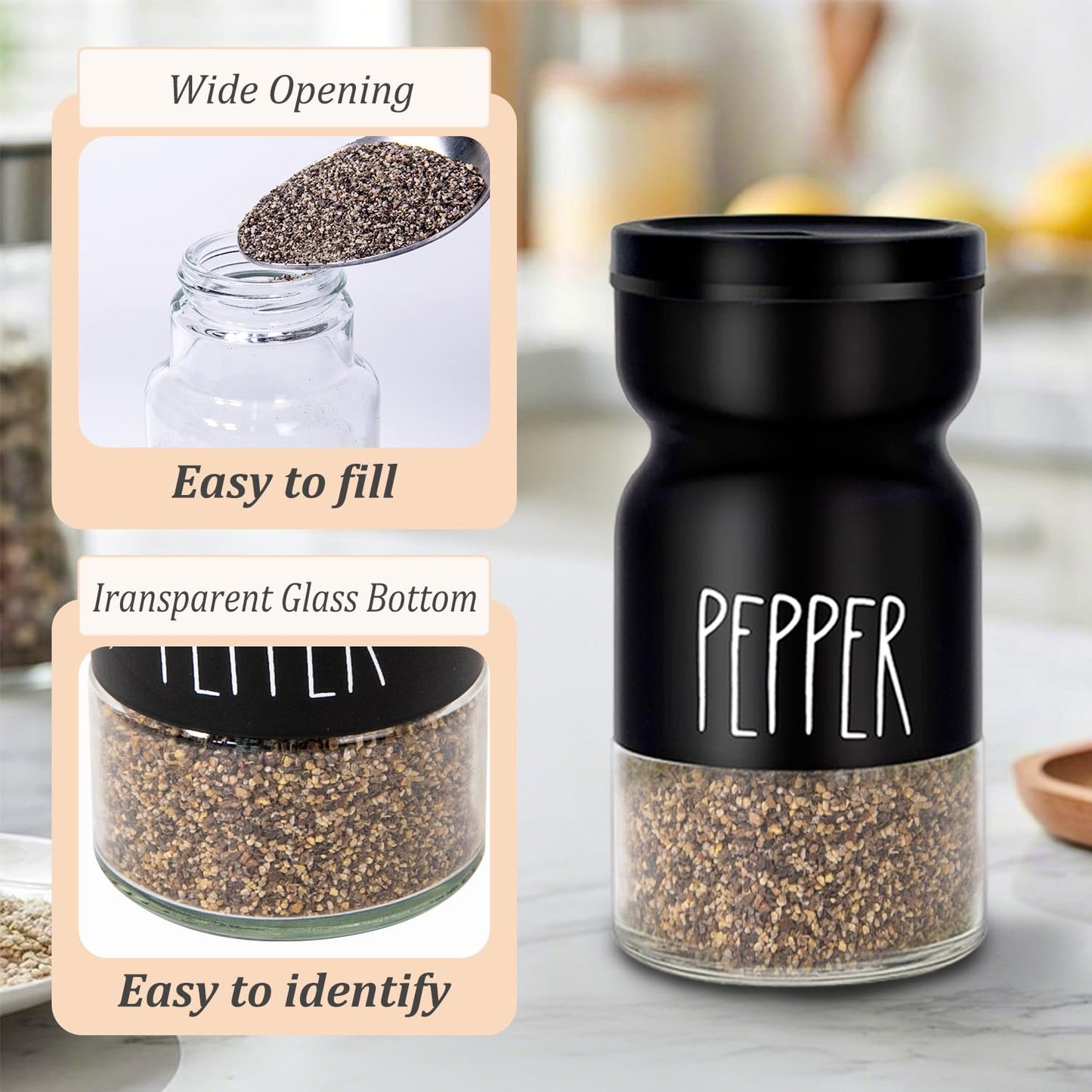 4oz Salt and Pepper Shaker Set with 4 Adjustable Pour Settings, Easy Refill Glass Shakers, Farmhouse Style for Kitchen, Dining Table, BBQ, RV & Camping