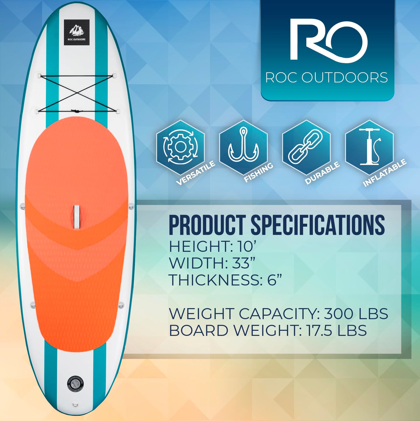 Roc Inflatable Stand Up Paddle Board with Premium SUP Paddle Board Accessories, Wide Stable Design, Non-Slip Comfort Deck for Youth & Adults (Aquas)