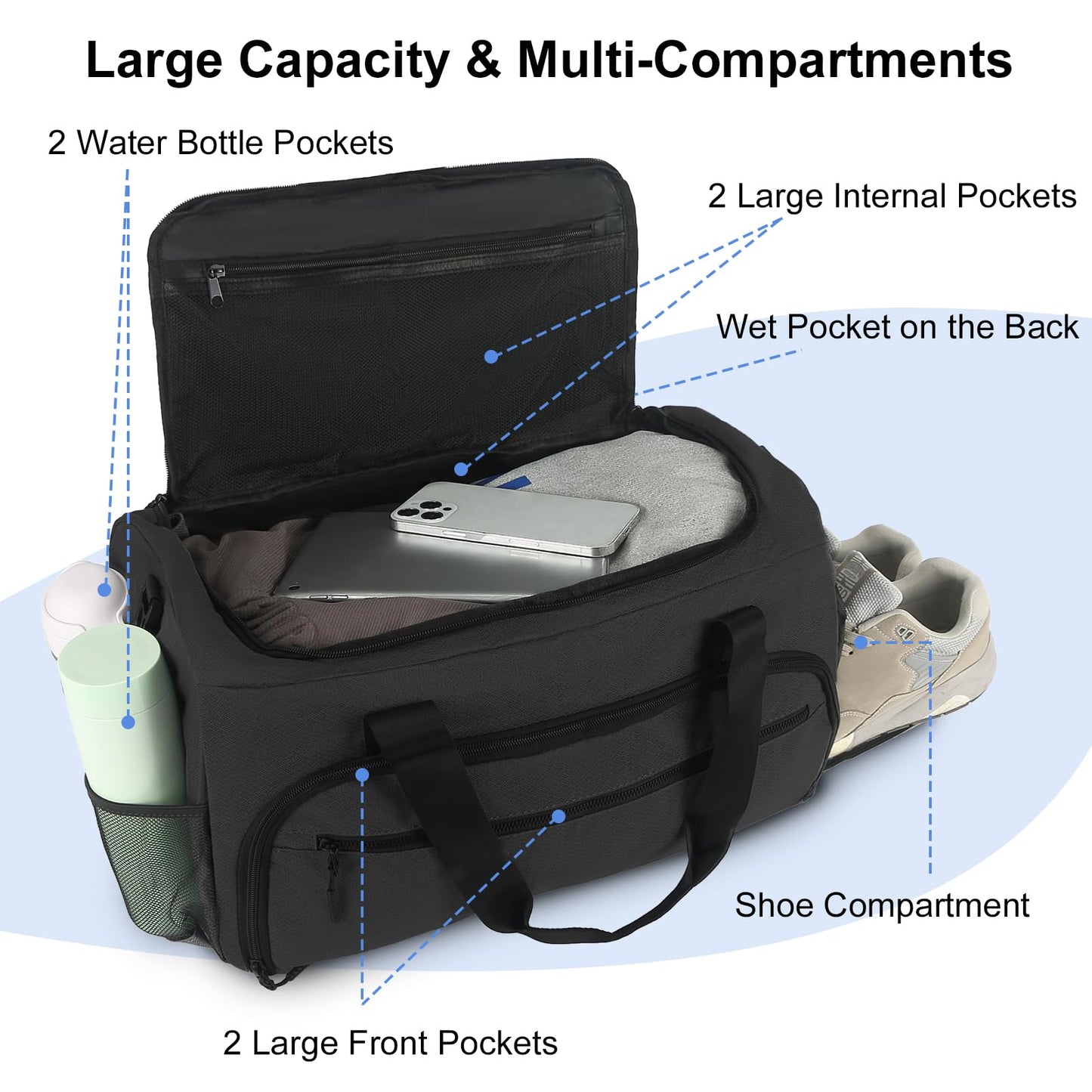 Gym Bag for Men Women, Sports Duffle Bags with Wet Pocket & Shoes Compartment, Water Resistant Overnight Duffel Bag - Light Black