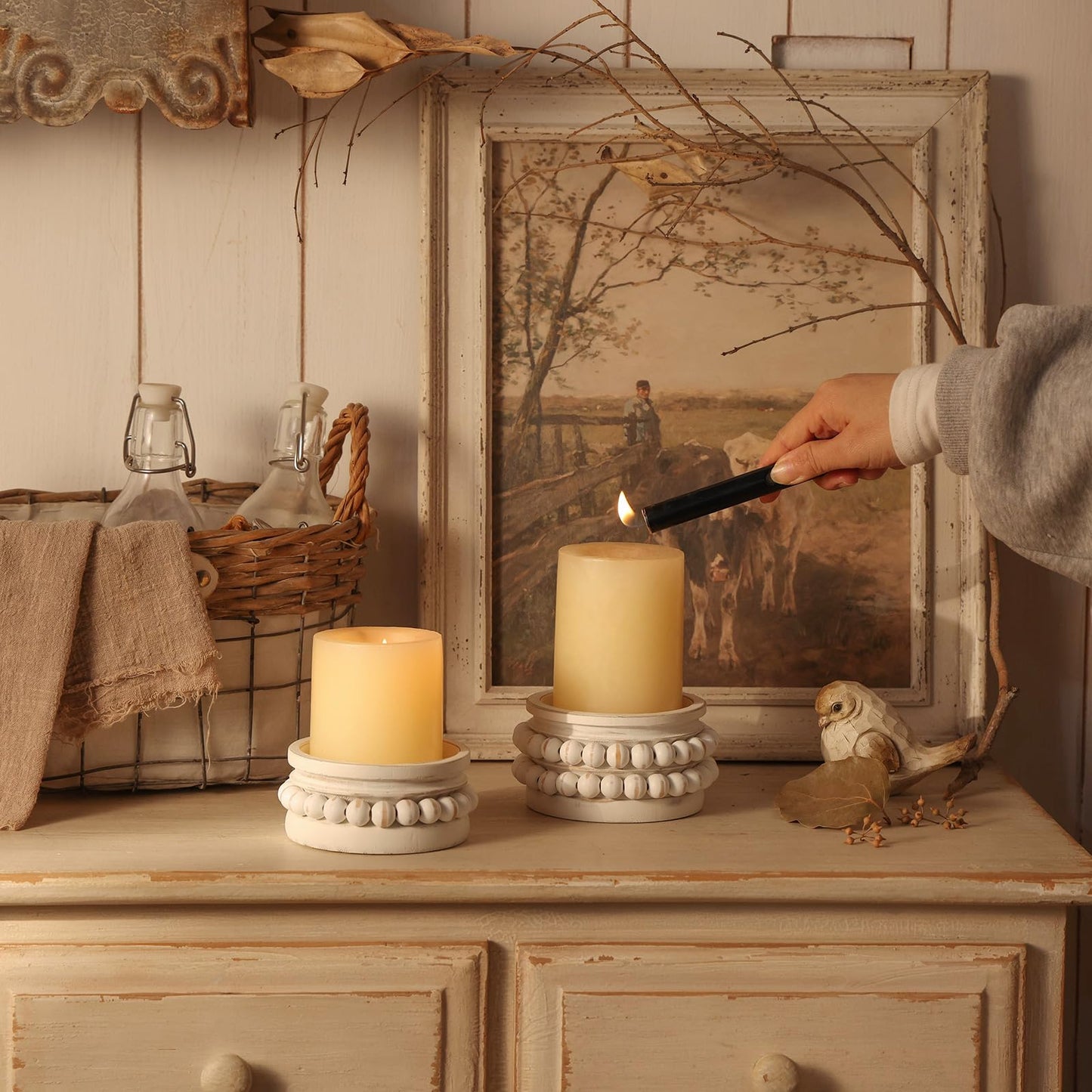 NIKKY HOME Farmhouse Beaded Wood Pillar Candle Holders Set of 2, White