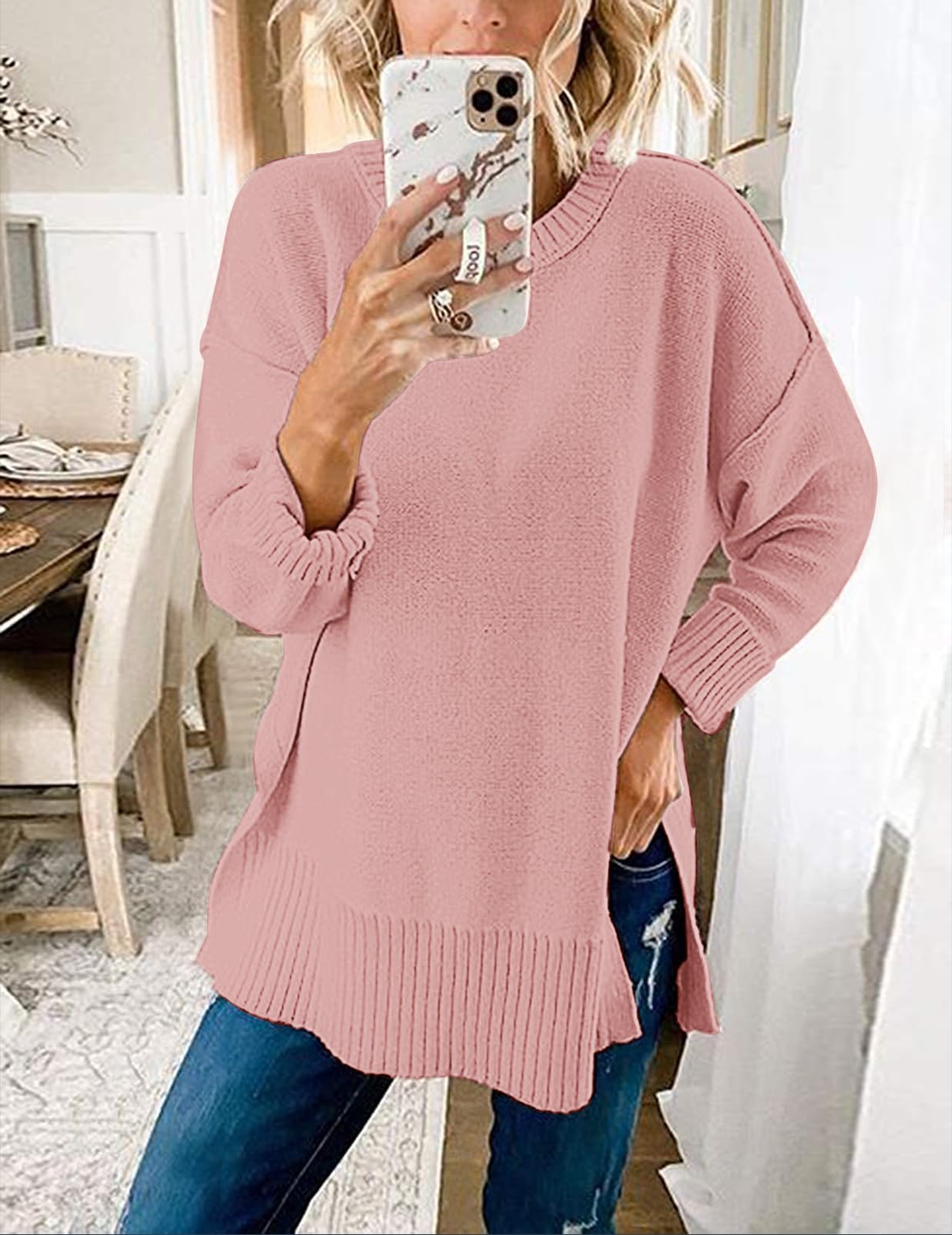 MEROKEETY Women's 2025 Fall Winter Oversized Pullover Sweater Casual Loose Crew Neck Long Sleeve Side Split Jumper Tops