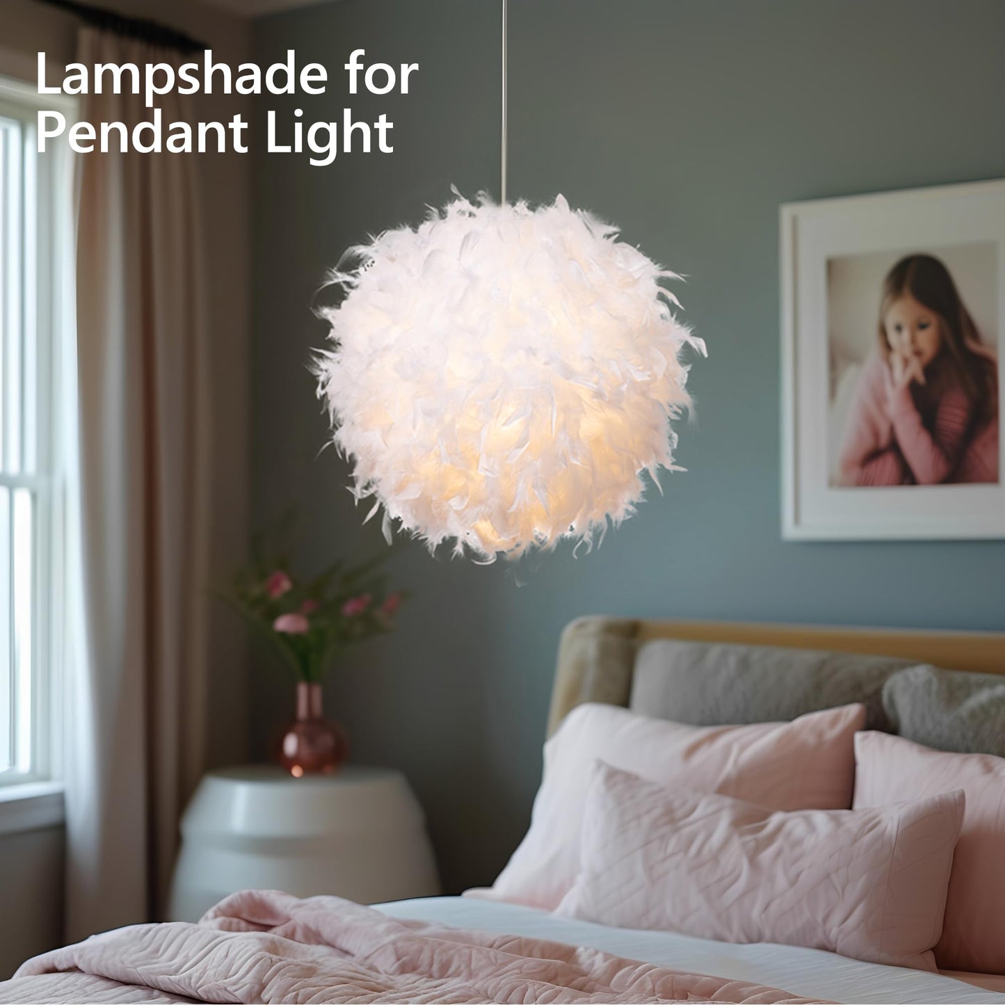 Waneway 40cm White Feather Ceiling Pendant Light Shade, Non-Electrical Lampshade for Floor Lamp and Table Lamp with Shade Reducing Ring for Living Room, Dining Room and Bedroom, ID 30cm, OD 40cm