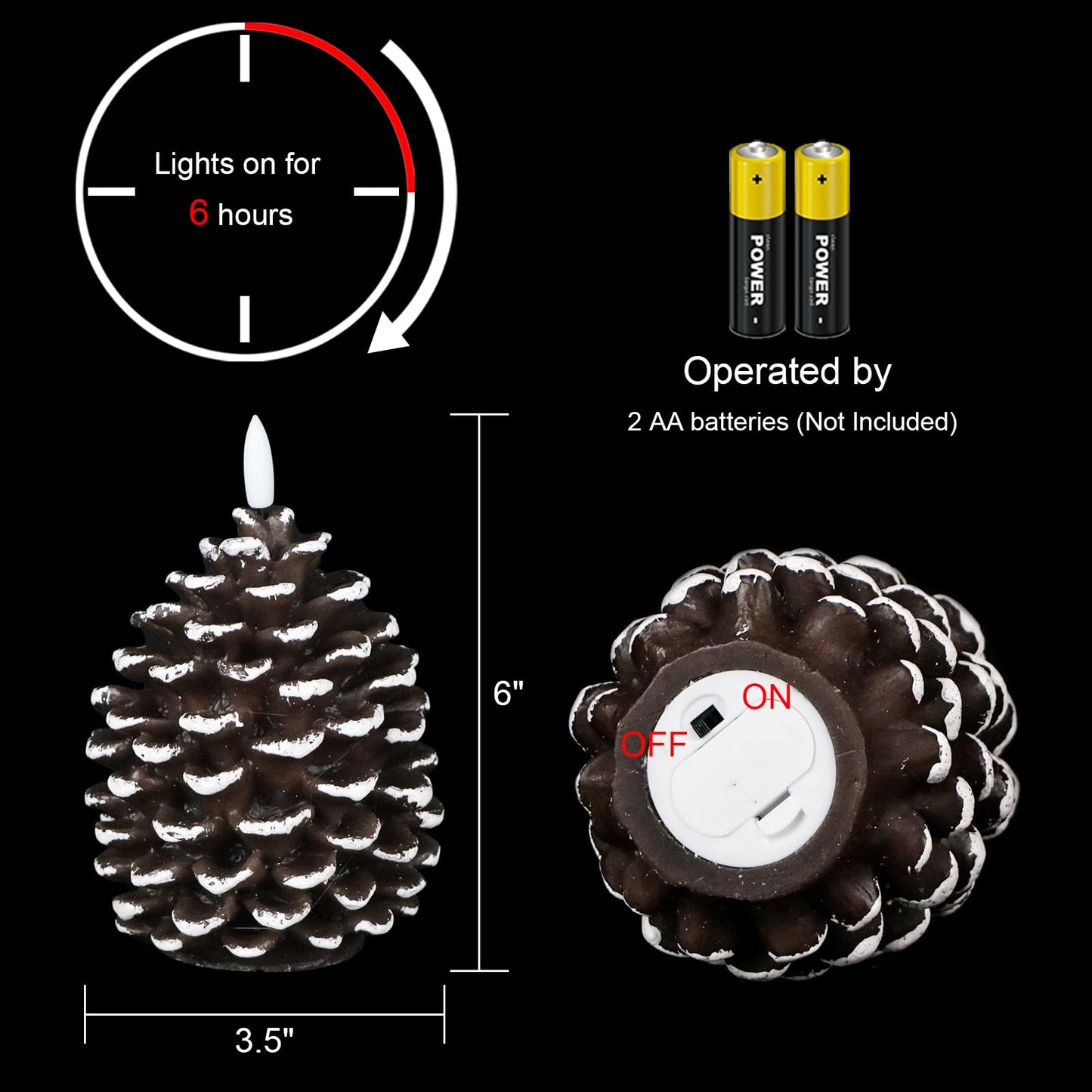DRomance Flameless Pinecone Candles Battery Operated with 6 Hour Timer Set of 2 Real Brown Wax 3D Wick LED Flickering Pillar Candles Christmas Holiday Decor(White, 3.5 x 6 Inch)