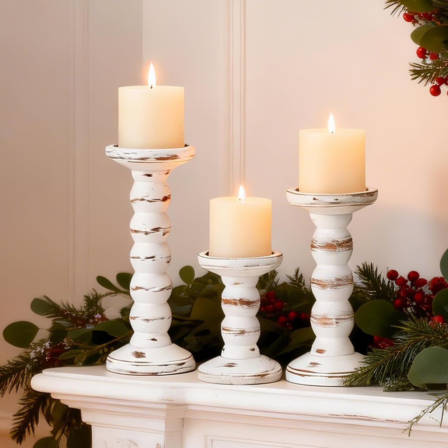 HuiDao Wood Candle Holder, 3Pcs Rustic White Candle Holders for Pillar Candles, Solid Wood Decorative Candle Holders Distressed Wooden Farmhouse Candle Holder Large for Fireplace Table
