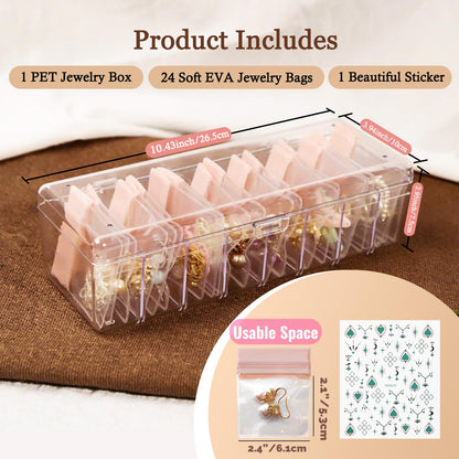 Qryval Jewelry Organizer and Storage Box with 24 EVA Anti Tarnish Bags, Travel Acrylic Case for Earrings, Necklaces & Rings, Elegant Gift for Women & Girls (S&Organizer(Clear))