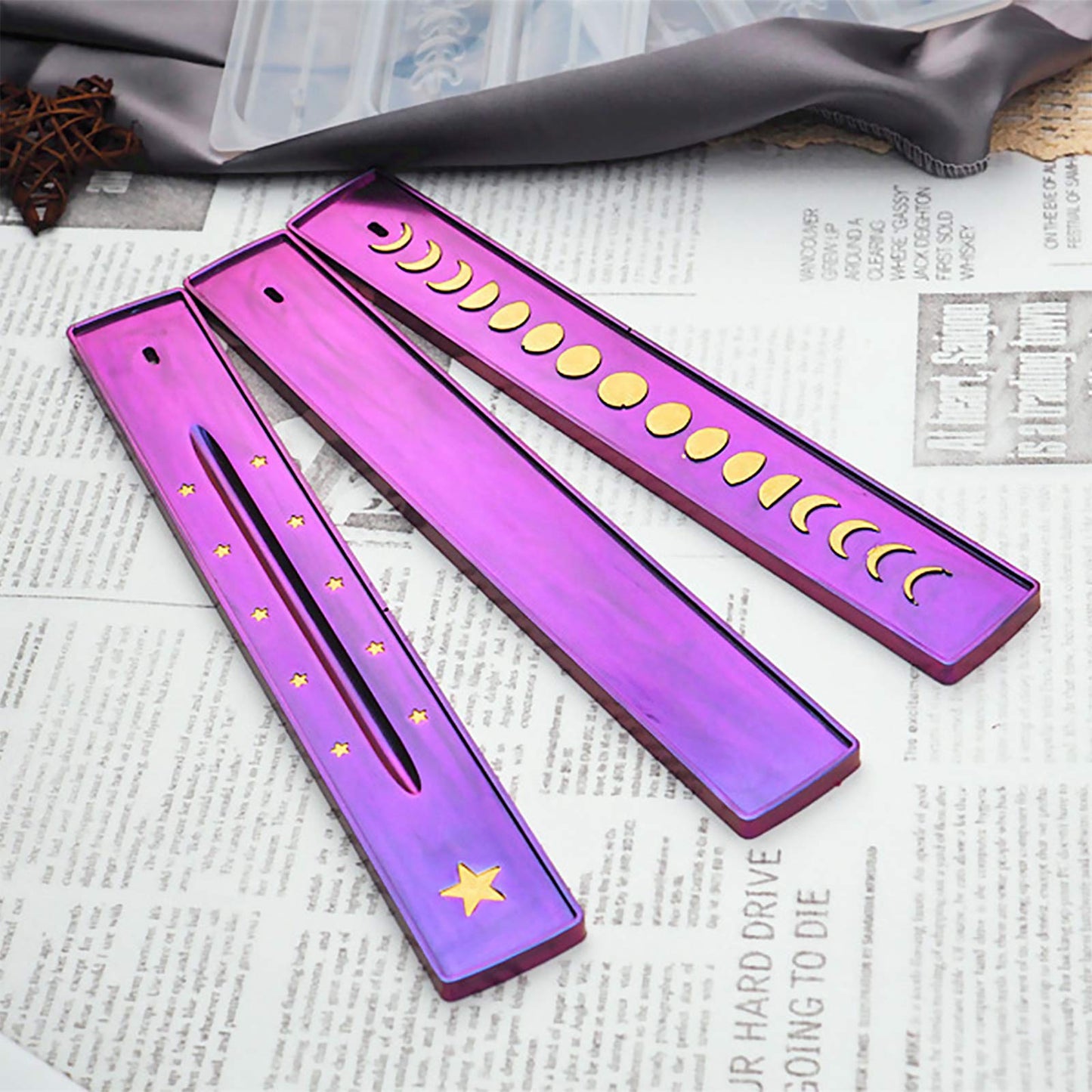 Moon Phase Incense Holder Epoxy Resin Silicone Molds Set Triple Goddess Candle Tray, Ash Catcher, Storage Box 5-Count Around 10inch Long