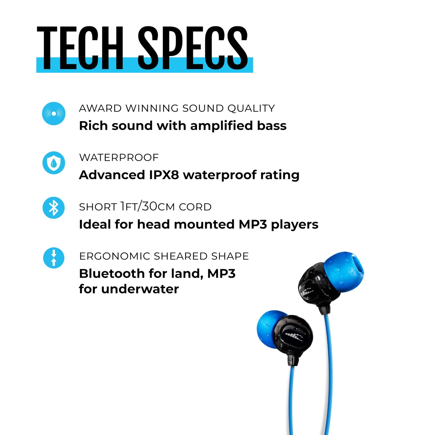 H2O Audio Surge S+ Waterproof Sport Headphones, (Short Cord Design) – in-Ear Sweatproof Earbuds for Swimming, Running, Cycling – IPX8 Waterproof, Compatible with iPods & MP3 Players