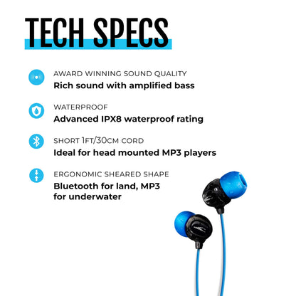H2O Audio Surge S+ Waterproof Sport Headphones, (Short Cord Design) – in-Ear Sweatproof Earbuds for Swimming, Running, Cycling – IPX8 Waterproof, Compatible with iPods & MP3 Players