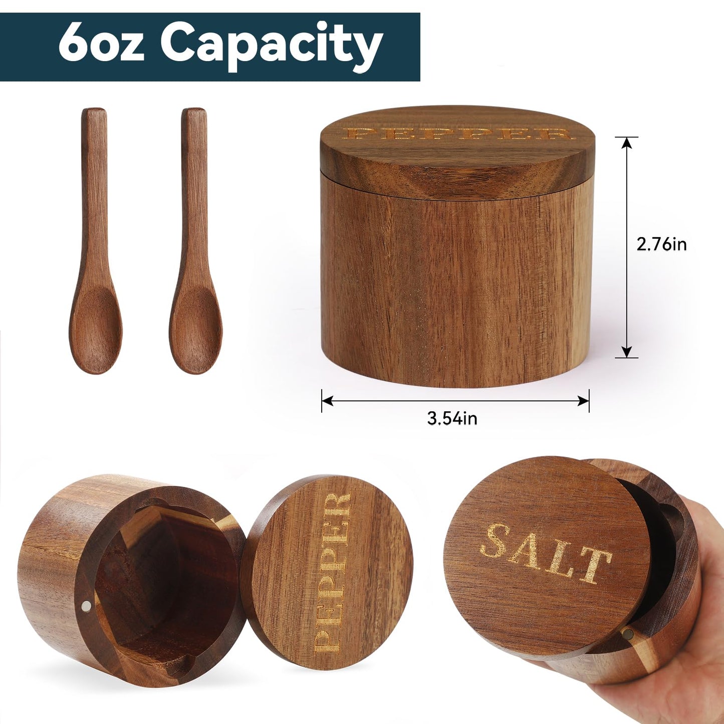 Timtopno Salt Cellar, Elegant Salt and Pepper Set, 2PCS Acacia Wood Salt Container with Built-in Spoon & Swivel Lid, Engraved SALT & PEPPER Box, Salt Holder for Countertop Seasoning Storage