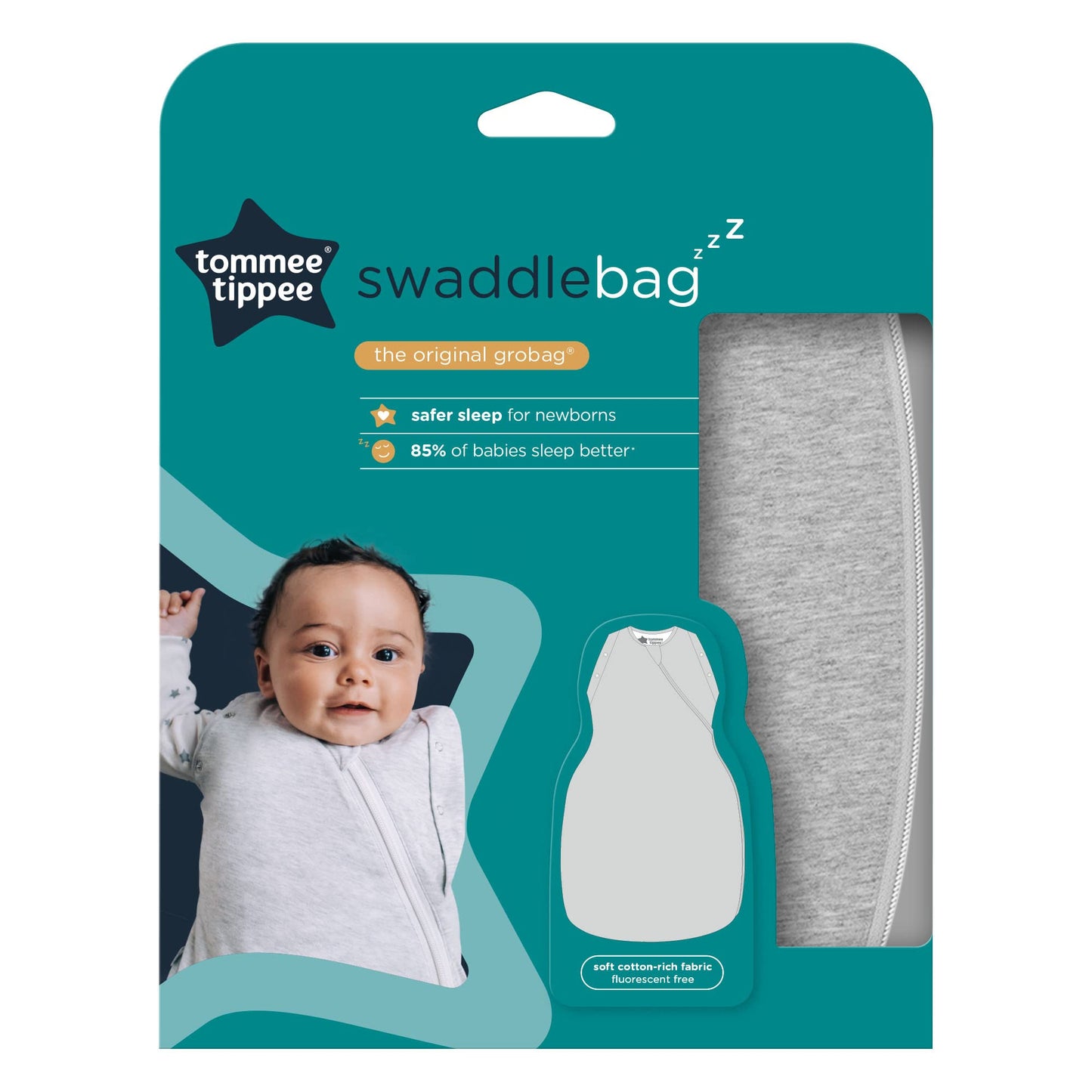 Tommee Tippee Swaddle Bag for Newborns, 0-3m, 2.5 Tog for 16-20°C, Sky Grey Marl Sleeping Bag, Soft Cotton-Rich Fabric, Healthy Hip Development Design, Bottom to Top Zip