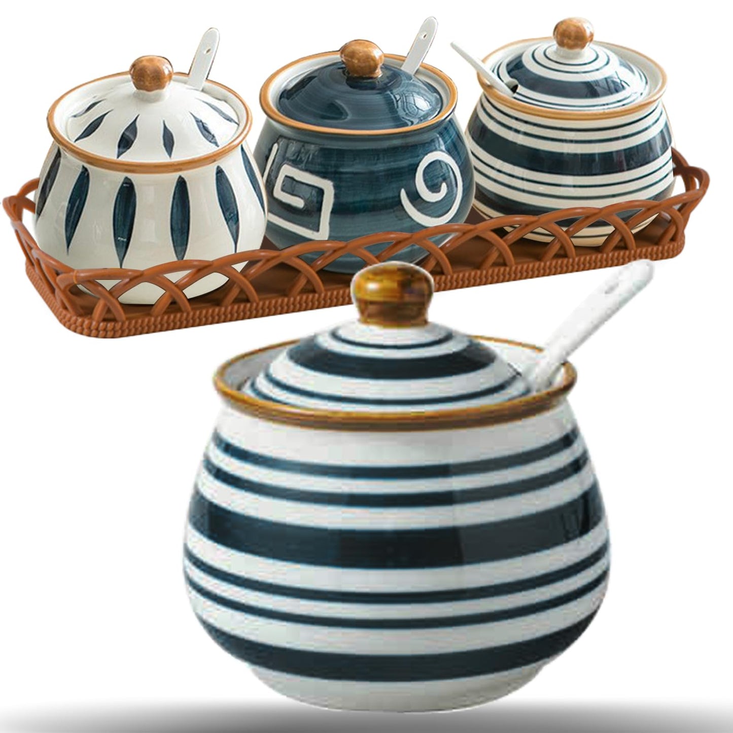 Orkim Kitchen Ceramic Condiment Jars with Lids and Spoons, 3 Piece Porcelain Seasoning Jar Set for Salt Spice Pepper Suger Bowl, Coffee Tea Container Pot with Serving Tray - Japanese Style
