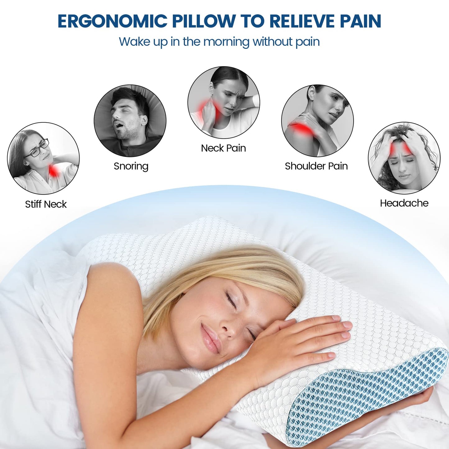 Memory Foam Pillows Neck Pillow Bed Pillow for Sleeping, Ergonomic Cervical Pillow for Neck and Shoulder Pain Relief,Orthopedic Contour Pillow for Side Back Stomach Sleeper(Blue&Grey)