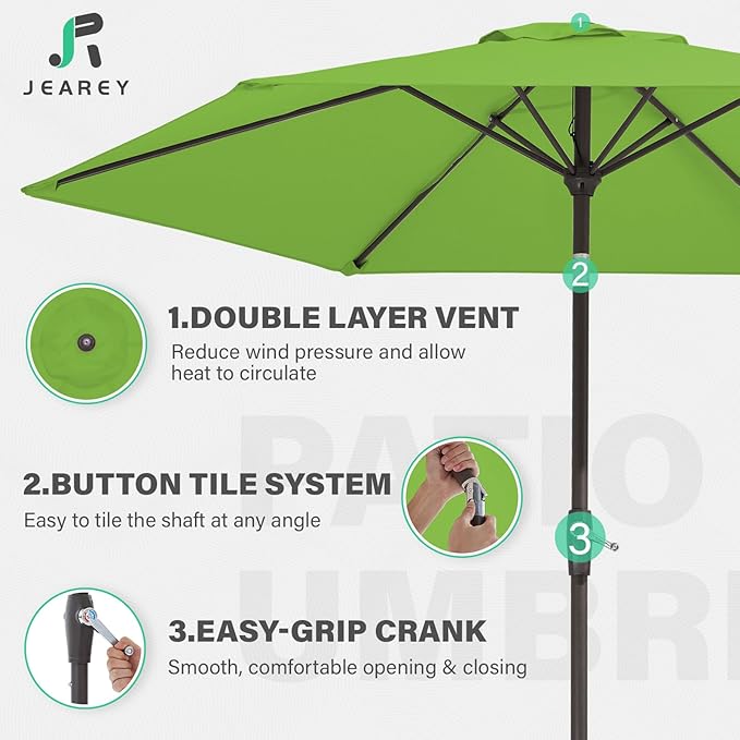 JEAREY 7.5FT Patio Umbrella Market Table Umbrella with 6 Sturdy Ribs, Push Button Tilt/Crank Outdoor Umbrella for Garden, Deck, Backyard, Pool and Beach,Grass Green