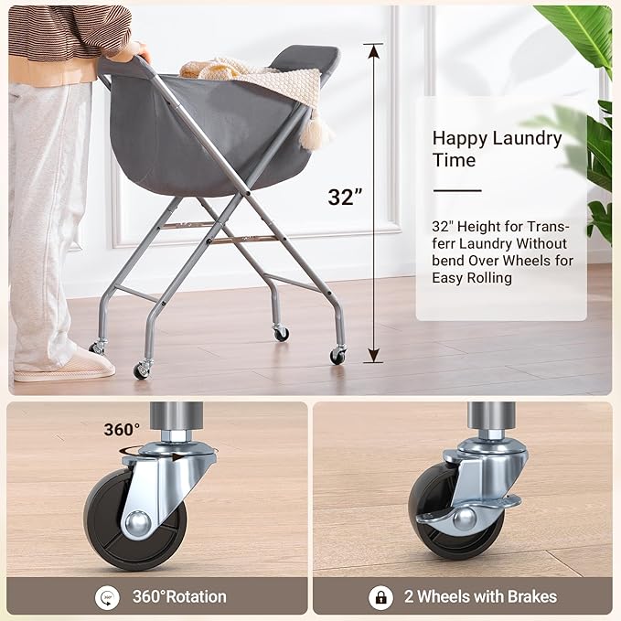 ELYKEN Laundry Cart with Wheels, 32”H Easy Rolling Laundry Hamper with