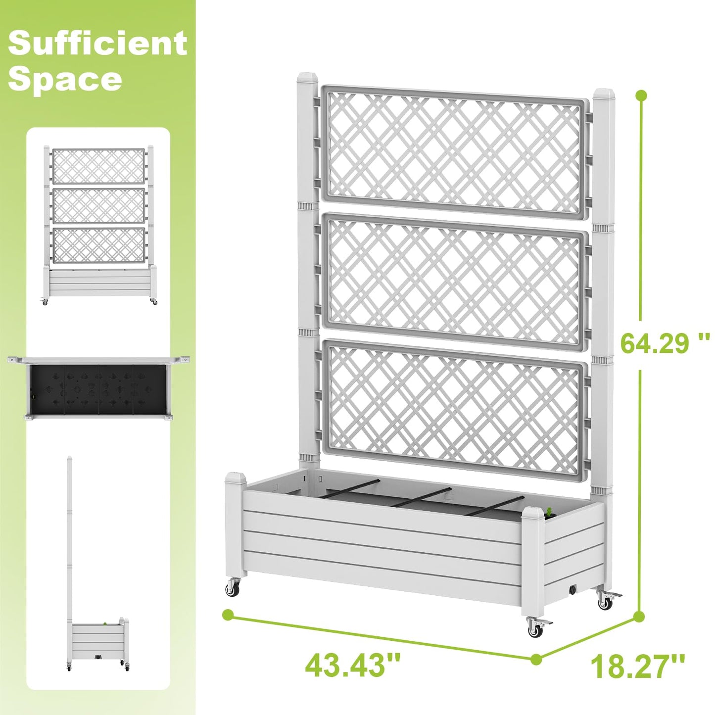 Vixzen 64" Tall Raised Garden Bed,Outdoor Large Resin Planter Box with Trellis and Drain Plug for Climbing Plants,Easy to Assemble,Water Monitor,Mobility(Ashen, 43.43"×18.27"×64.29")